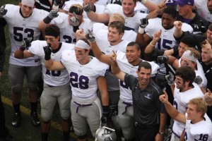 <p>The Tommies celebrate after defeating Augsburg 17-0. (Alex Keil/TommieMedia)</p> 