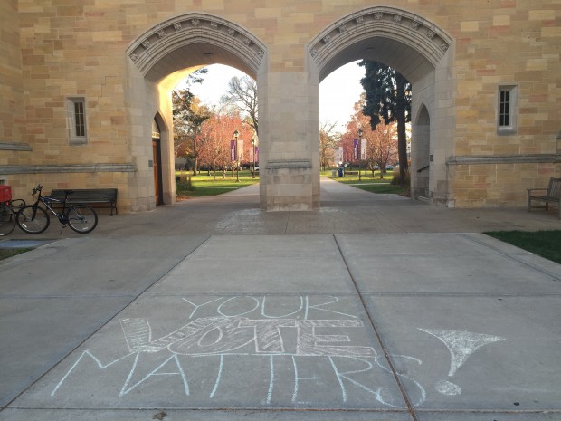 Chalk art was drawn throughout campus on Tuesday as an effort to encourage students to go vote. Students are experiencing several emotions after last night's election results. (Mary Brickner/TommieMedia) 
