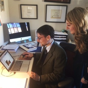 Theology professor Massimo Faggioli discusses the Institute for Catholicism and Citizenship with a student. The ICC is expected to open this spring. (Lauren Andrego/TommieMedia)