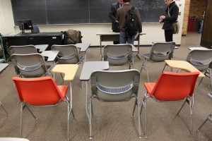 Right and left-handed desks on campus. 