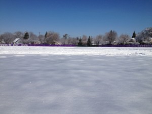 The view from home plate at a snow-covered Koch Diamond April 23. The No. 4-ranked baseball team has not played a game in 17 days. (Ross Schreck/TommieMedia)