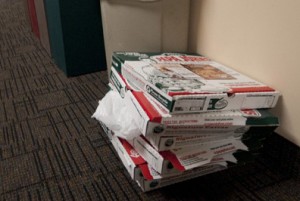 pizzaboxes The remnants of one club's lunchtime meeting stack up. (John Kruger/TommieMedia)