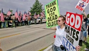<p>Sara Phelps of the Wesboro Baptist Church protests a funeral May 19, 2006 in Shumway, Ill. (AP Photo/James A. Finley)</p>
