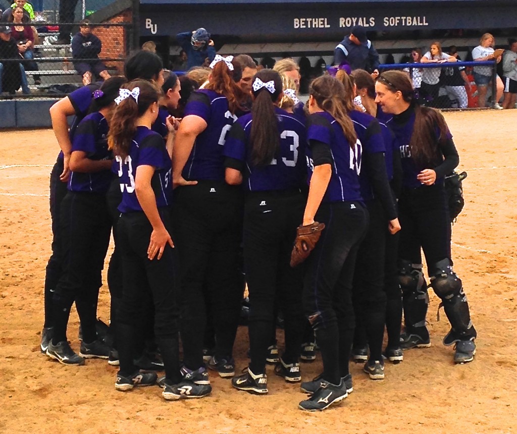 The St. Thomas softball team celebrates after its win. The Tommies defeated Bethel 7-0 in the first round of the MIAC playoffs. (Scott Sikich/TommieMedia) 