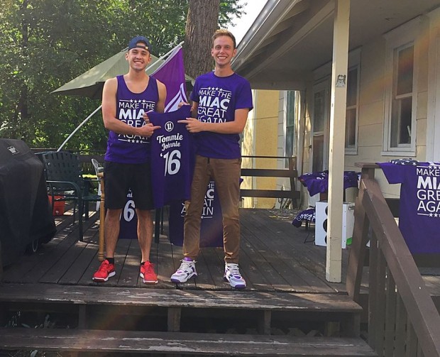 Evan Keil and Adrian Trow show off their shirt design. The two students added the number 11 on the back in honor of Jacob Wetterling. (Photo courtesy of Adrian Trow) 