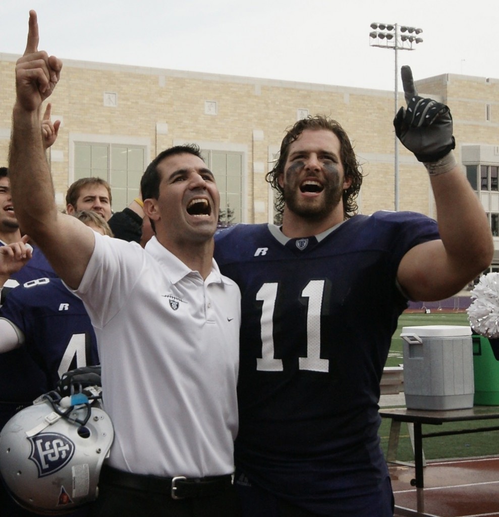 Senior Tommy Becker, right, and coach Glenn Caruso after an Oct. 23, 2010, game against Bethel. Becker participated in an NFL pro day Tuesday at Concordia. (John Kruger/TommieMedia) 