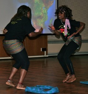 St. Thomas students Jennifer Wilkins and Marylovelyn Ejiofor performe an African-style dance Wednesday during USG's first International Winter Dance Festival. (Ashley Stewar/TommieMedia)